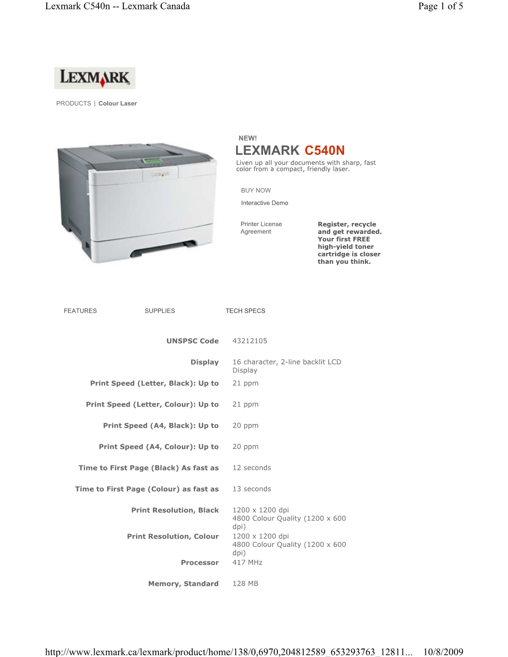 Lexmark C540n -- Lexmark Canada Page 1 of 5