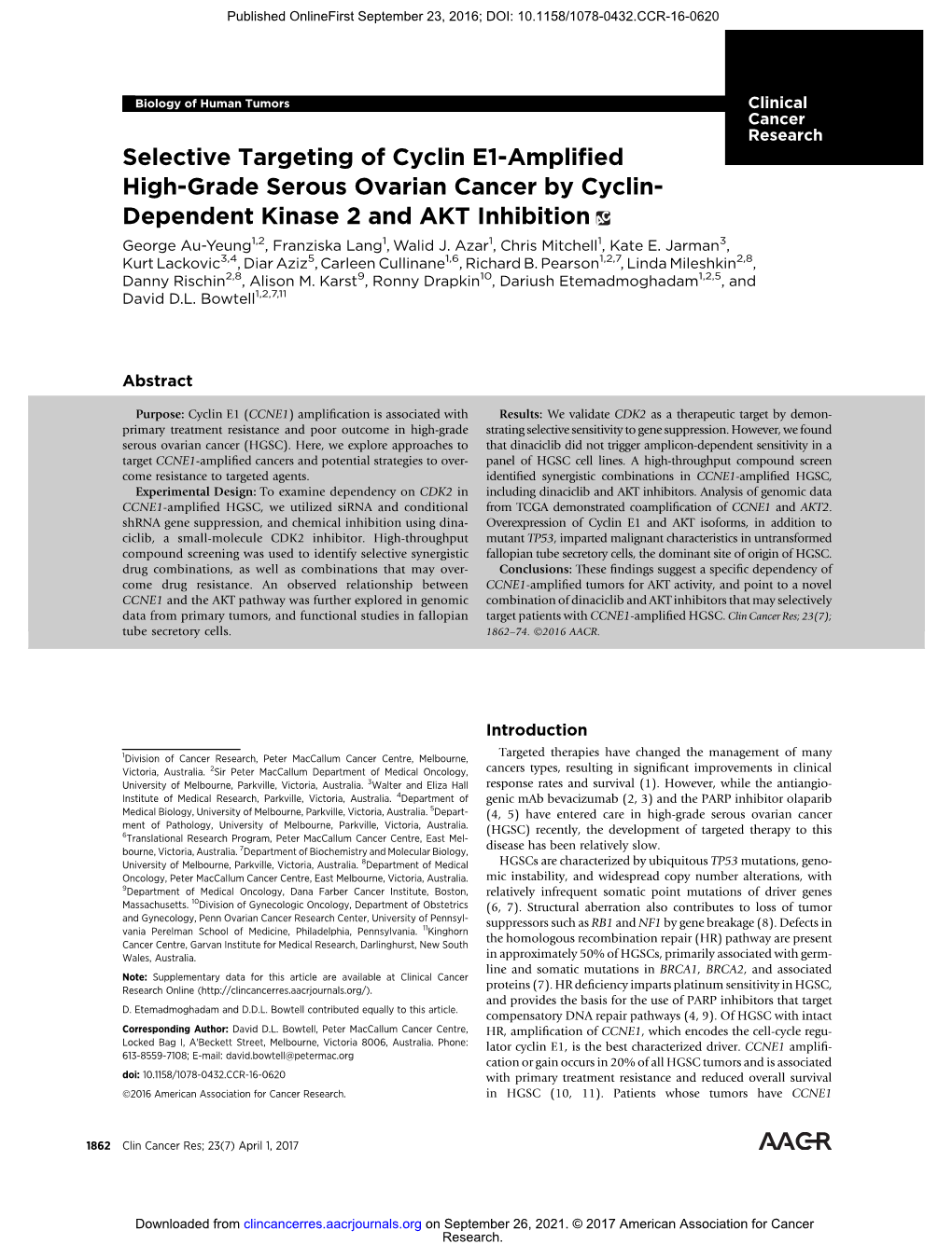 Selective Targeting of Cyclin E1-Amplified High-Grade Serous Ovarian Cancer by Cyclin-Dependent Kinase 2 and AKT Inhibition