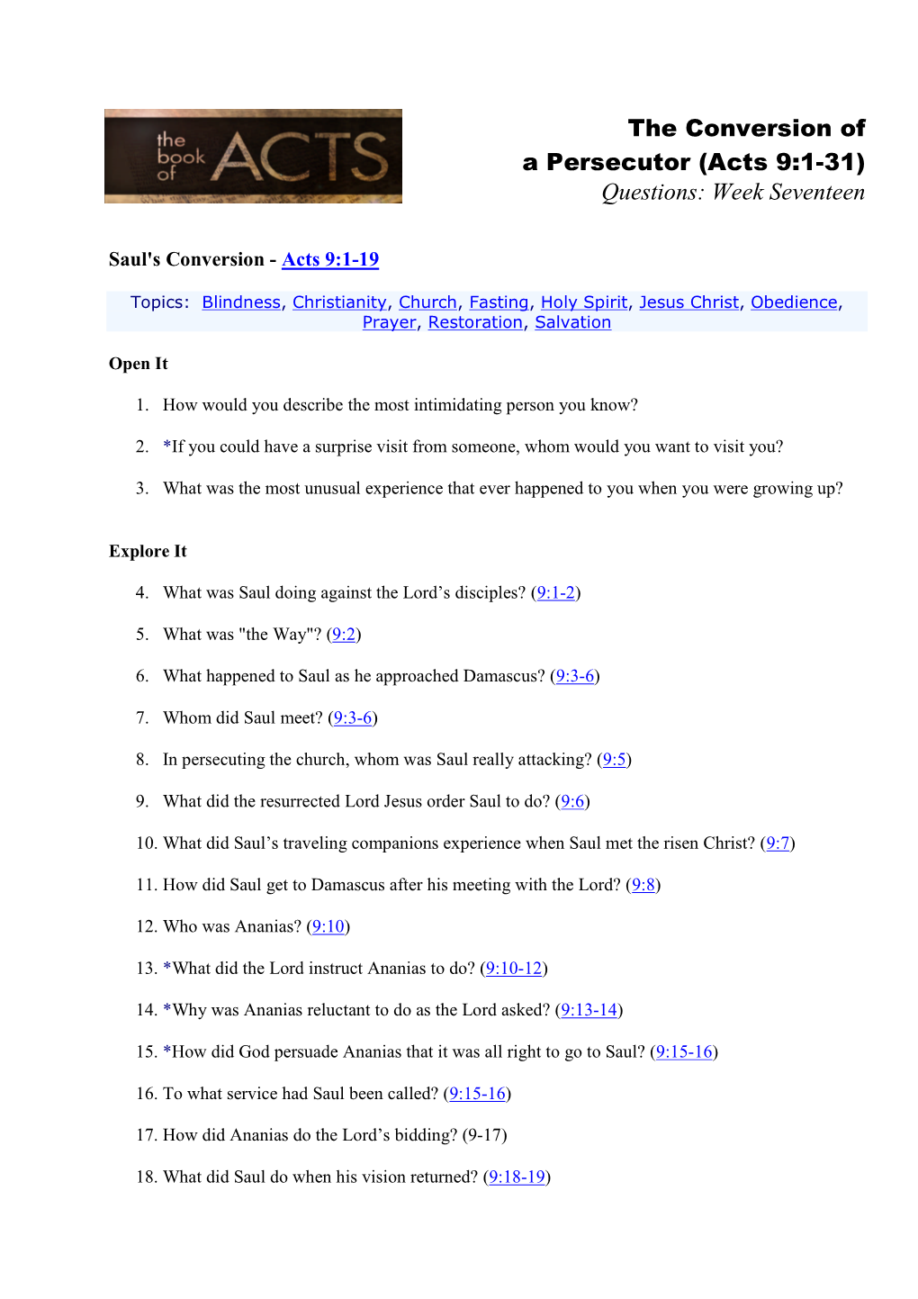 (Acts 9:1-31) Questions: Week Seventeen