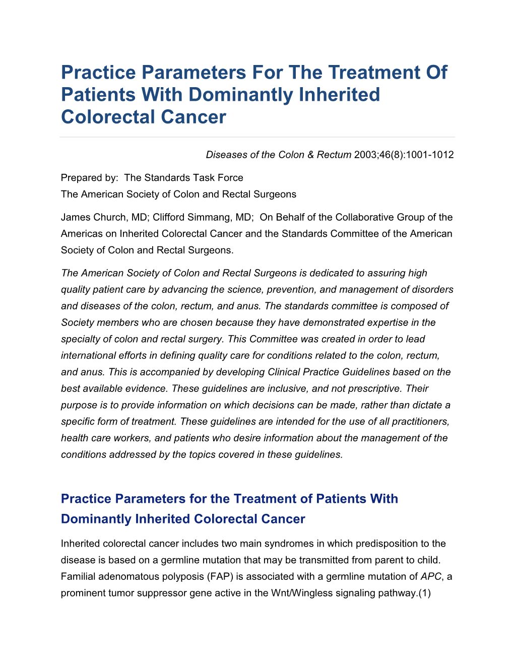 Practice Parameters for the Treatment of Patients with Dominantly Inherited Colorectal Cancer