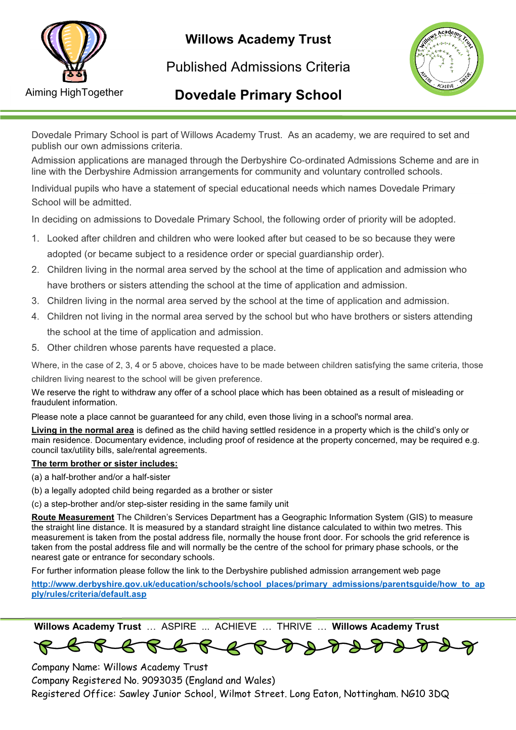 Dovedale Primary Admission Arrangements 2019-2020