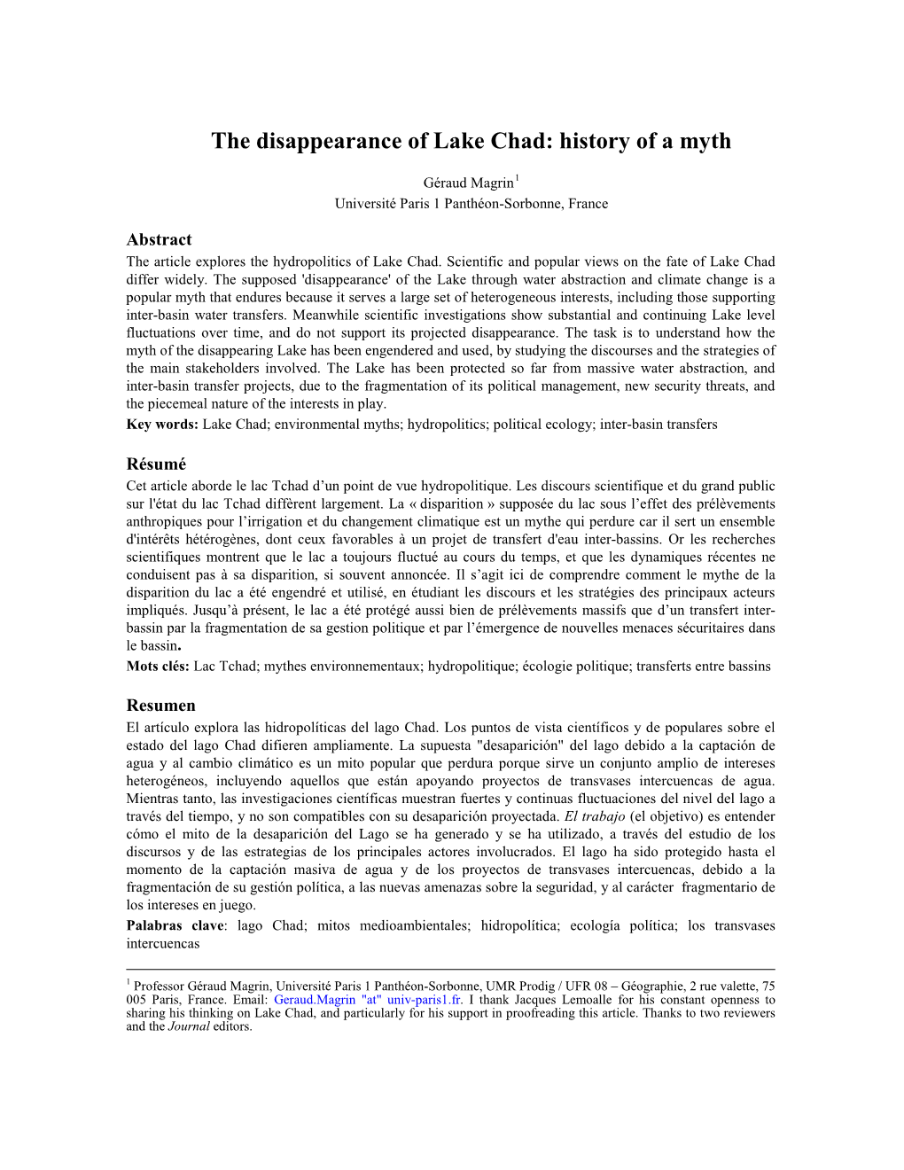 The Disappearance of Lake Chad: History of a Myth