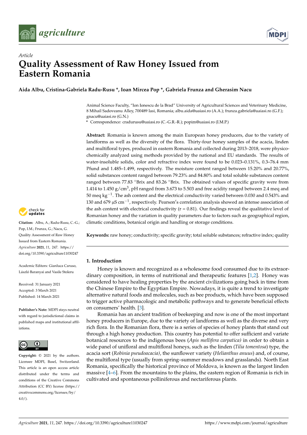 Quality Assessment of Raw Honey Issued from Eastern Romania