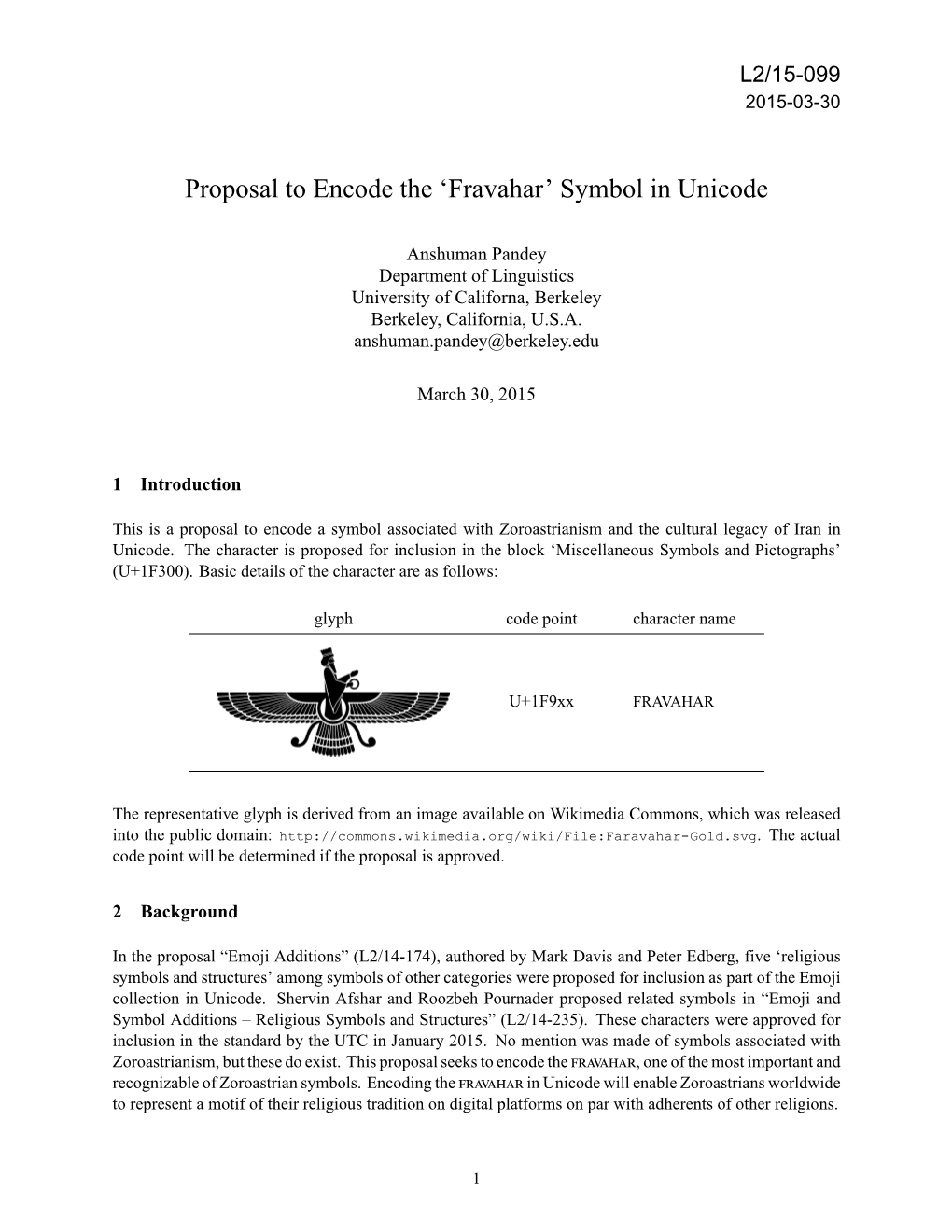 Proposal to Encode the 'Fravahar' Symbol in Unicode