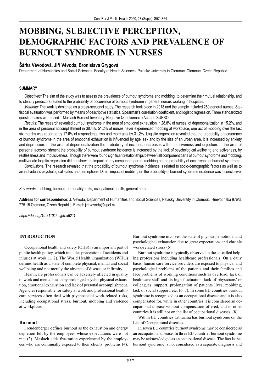 Mobbing, Subjective Perception, Demographic Factors And