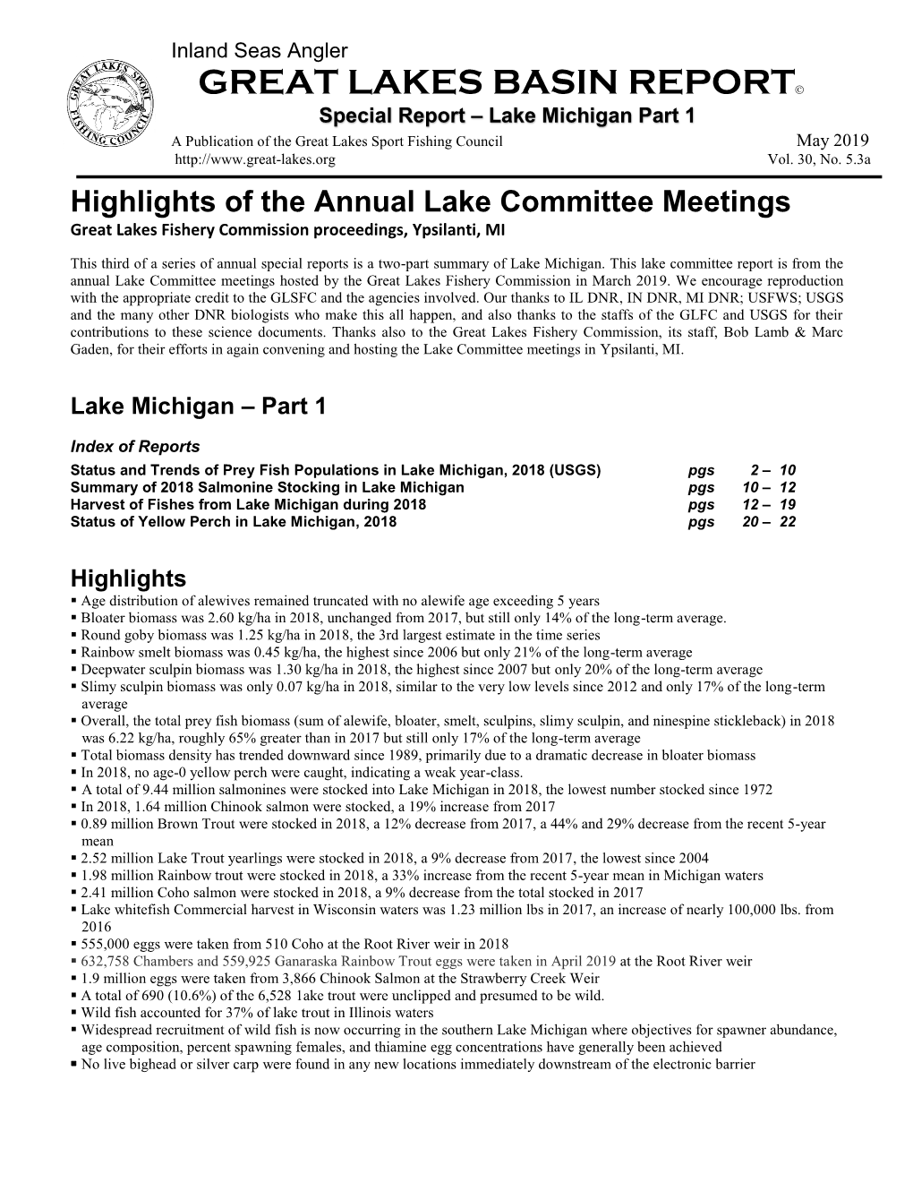 Lake Michigan Part 1 a Publication of the Great Lakes Sport Fishing Council May 2019 Vol