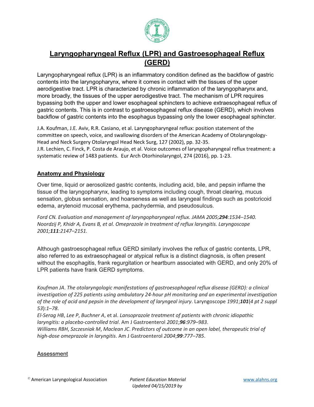 Laryngopharyngeal Reflux (LPR) and Gastroesophageal Reflux (GERD)