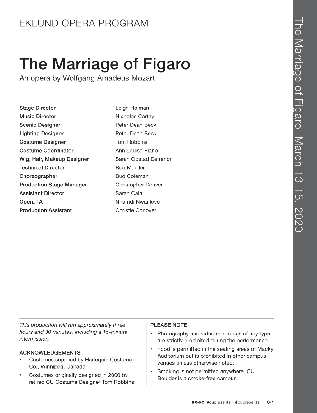 Eklund Opera Program: the Marriage of Figaro, March 13-15, 2020