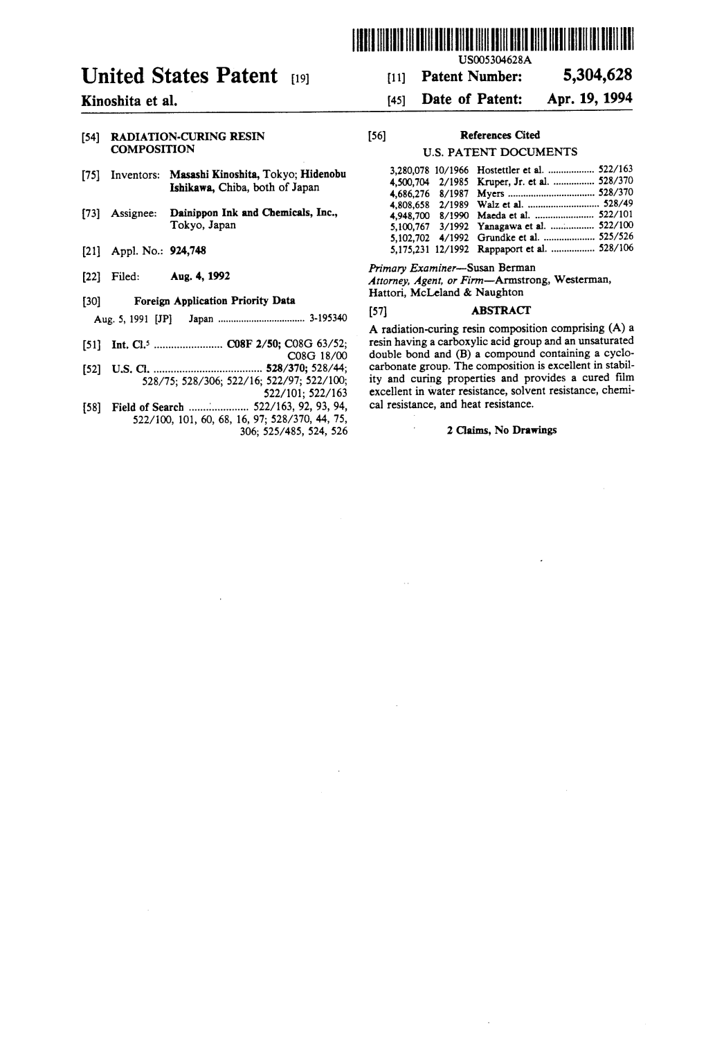 IIIHI||||||||III US005304628A United States Patent (19) (11) Patent Number: 5,304,628 Kinoshita Et Al