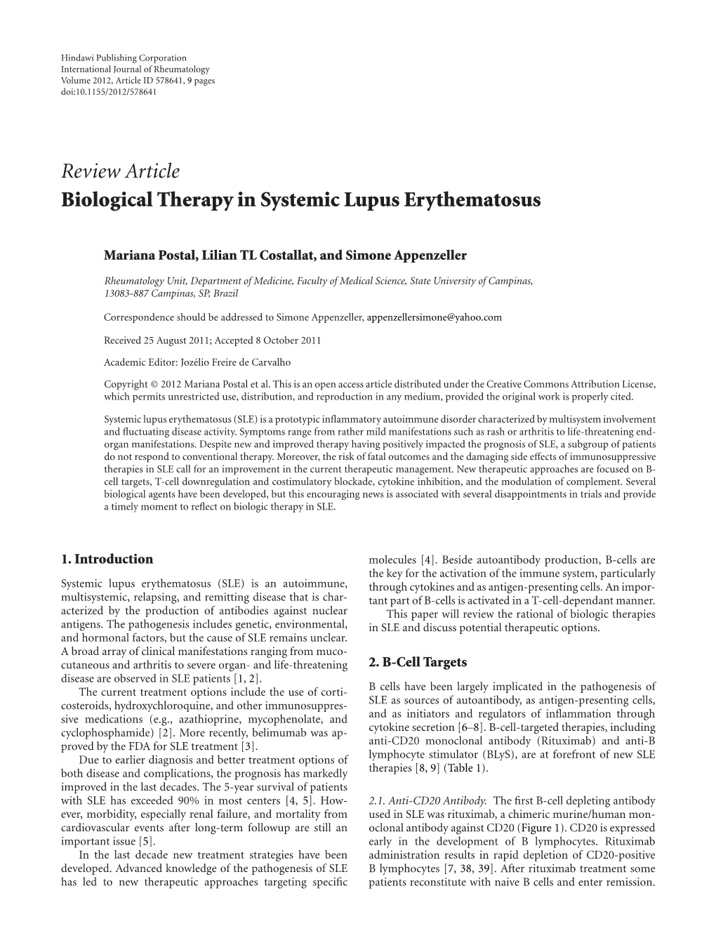 Review Article Biological Therapy in Systemic Lupus Erythematosus