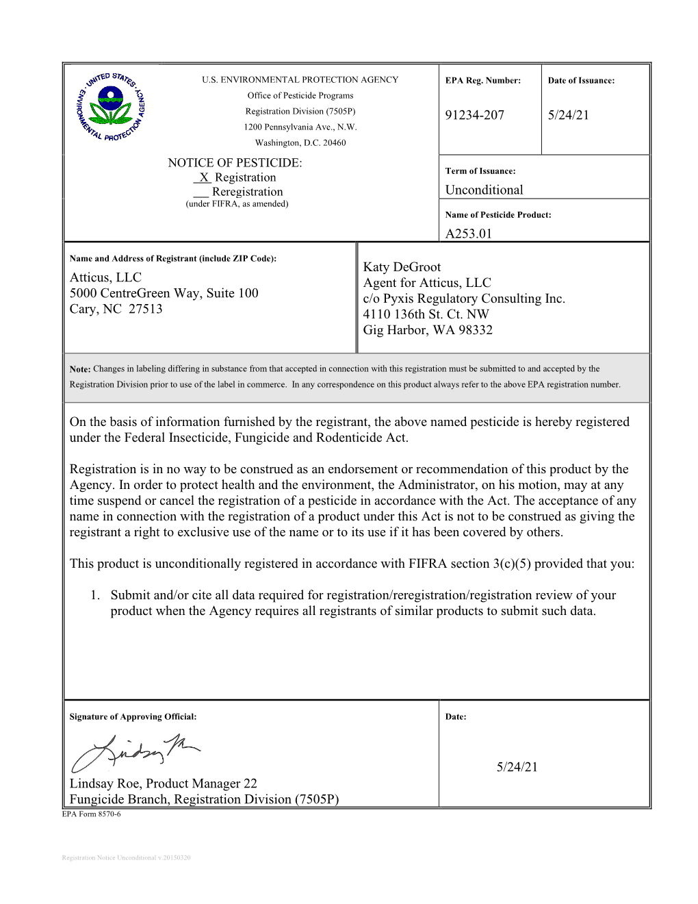 US EPA, Pesticide Product Label, A253.01,05/24/2021