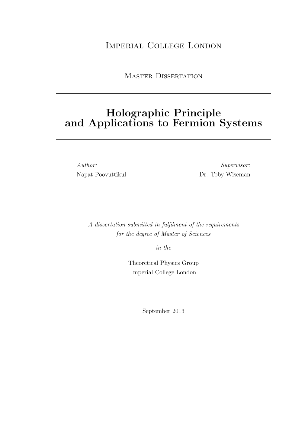 Holographic Principle and Applications to Fermion Systems