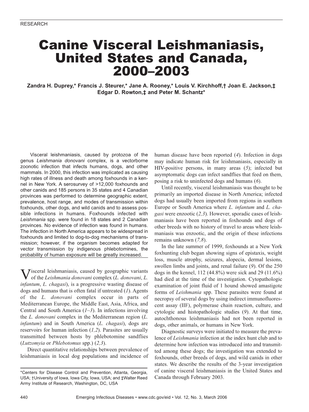 Canine Visceral Leishmaniasis, United States and Canada, 2000–2003 Zandra H