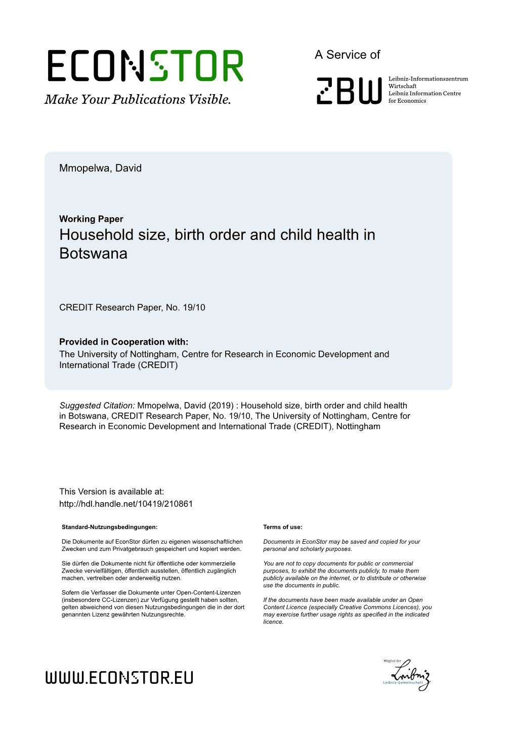 Household Size, Birth Order and Child Health in Botswana