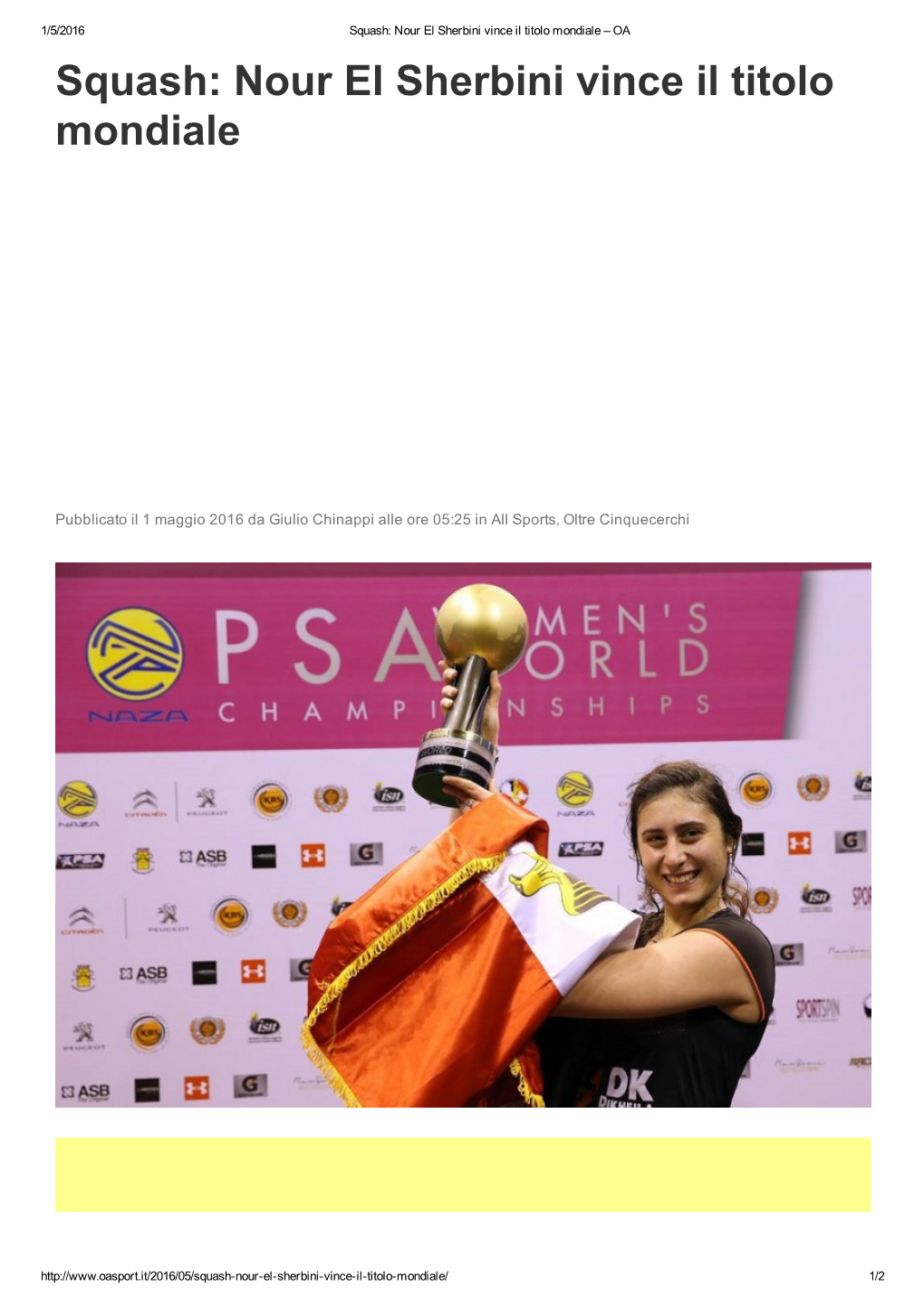 Squash: Nour El Sherbini Vince Il Titolo Mondiale – OA Squash: Nour El Sherbini Vince Il Titolo Mondiale