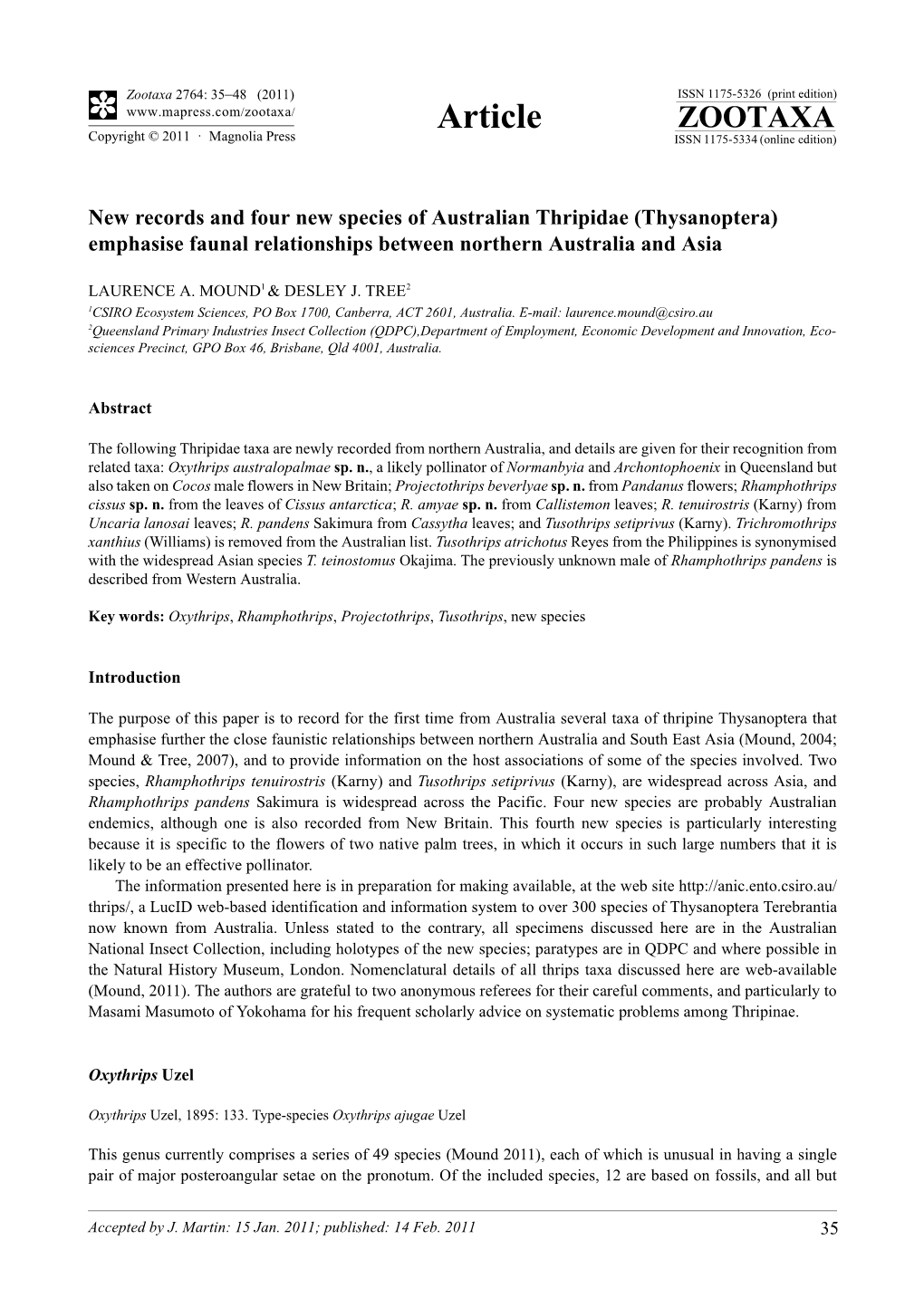 Thysanoptera) Emphasise Faunal Relationships Between Northern Australia and Asia
