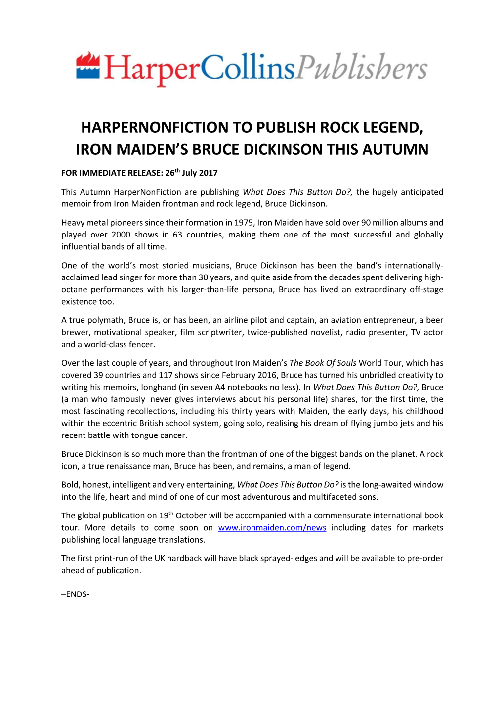 Harpernonfiction to Publish Rock Legend, Iron Maiden's