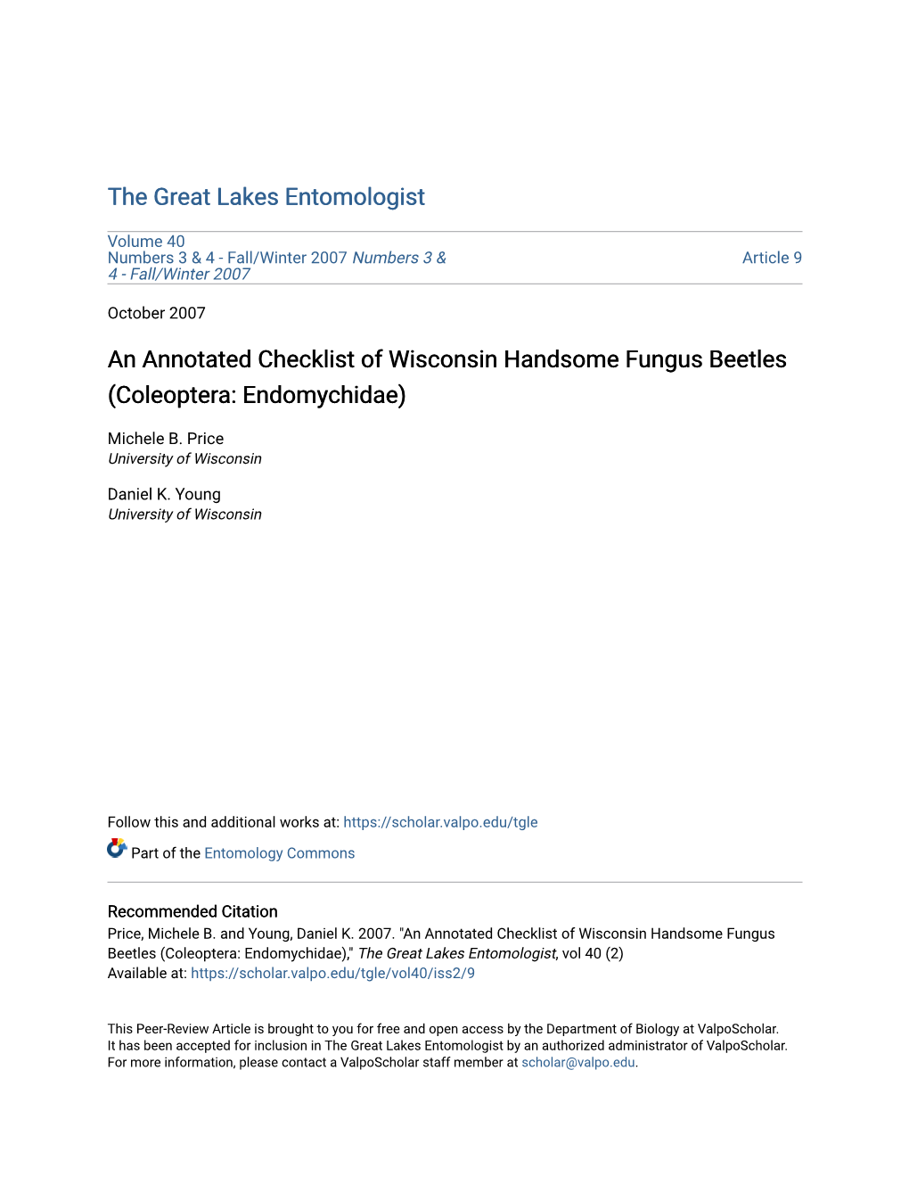 An Annotated Checklist of Wisconsin Handsome Fungus Beetles (Coleoptera: Endomychidae)