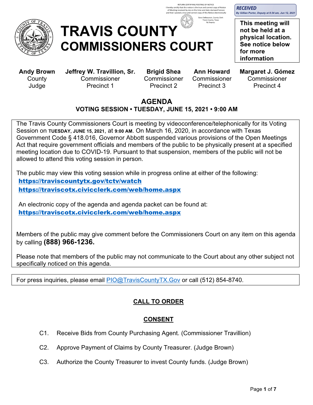 Travis County Commissioners Court Is Meeting by Videoconference/Telephonically for Its Voting Session on TUESDAY, JUNE 15, 2021, at 9:00 AM