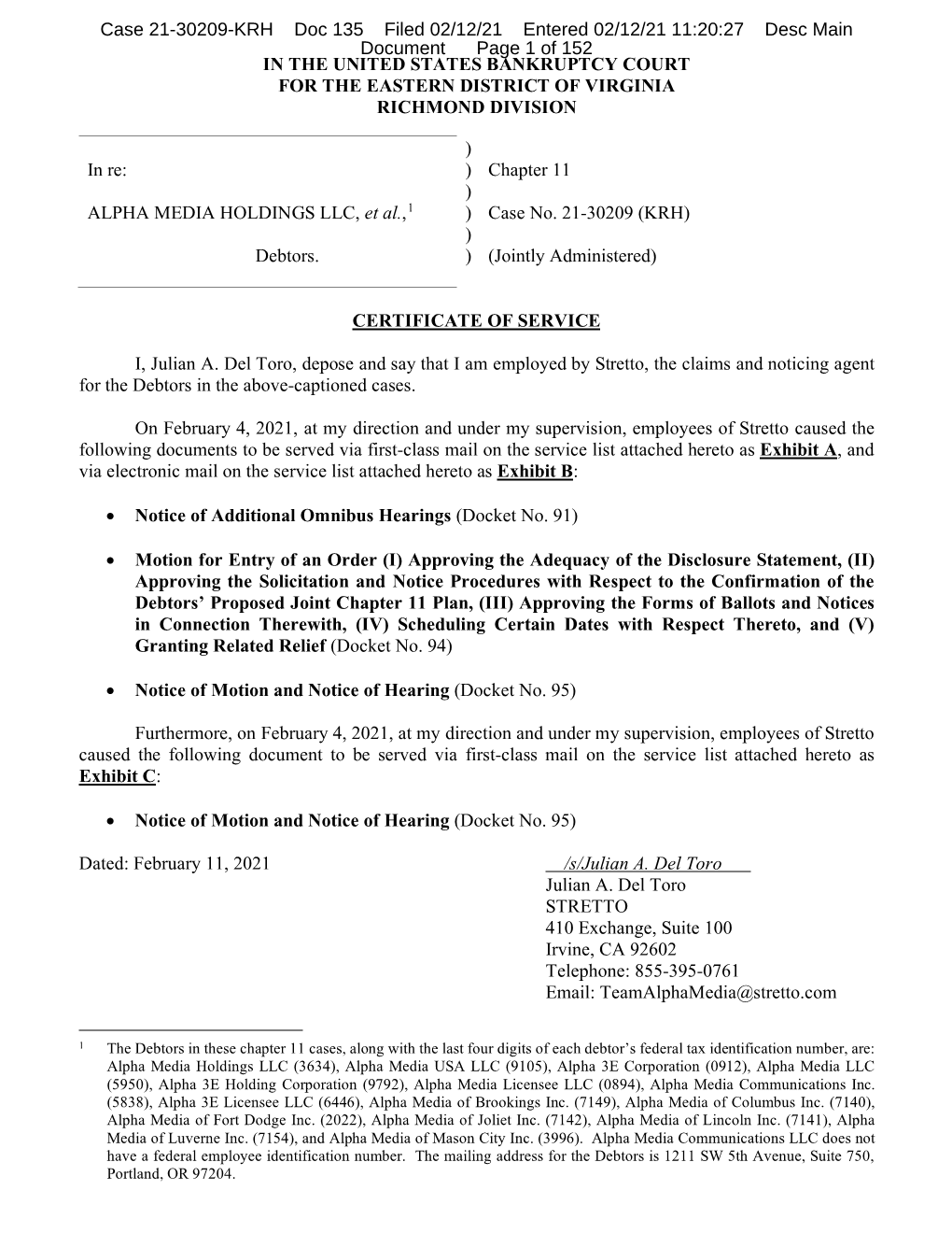 IN the UNITED STATES BANKRUPTCY COURT for the EASTERN DISTRICT of VIRGINIA RICHMOND DIVISION in Re: ALPHA MEDIA HOLDINGS LLC, Et