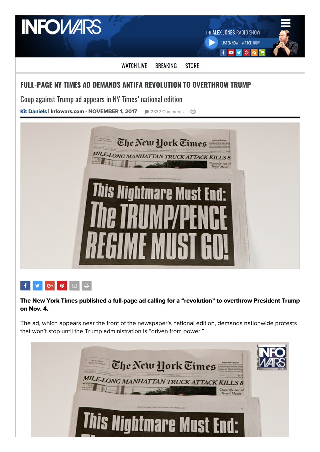 FULL-PAGE NY TIMES AD DEMANDS ANTIFA REVOLUTION to OVERTHROW TRUMP Coup Against Trump Ad Appears in NY Times’ National Edition