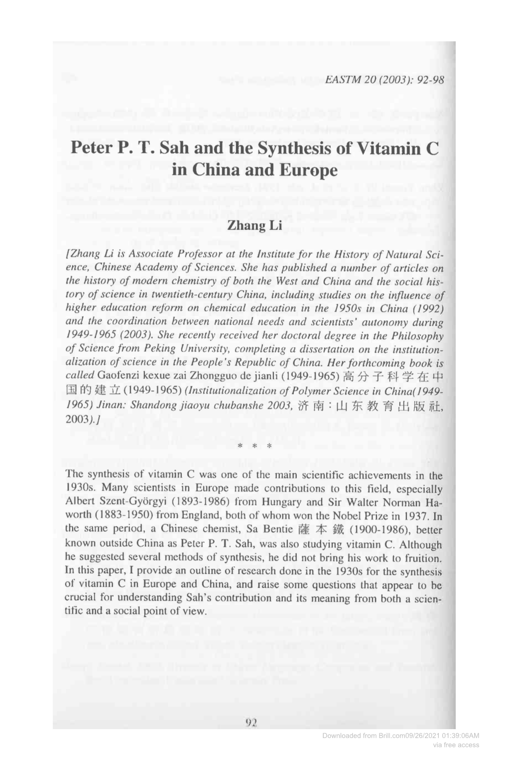 Peter P. T. Sah and the Synthesis of Vitamin C in China and Europe