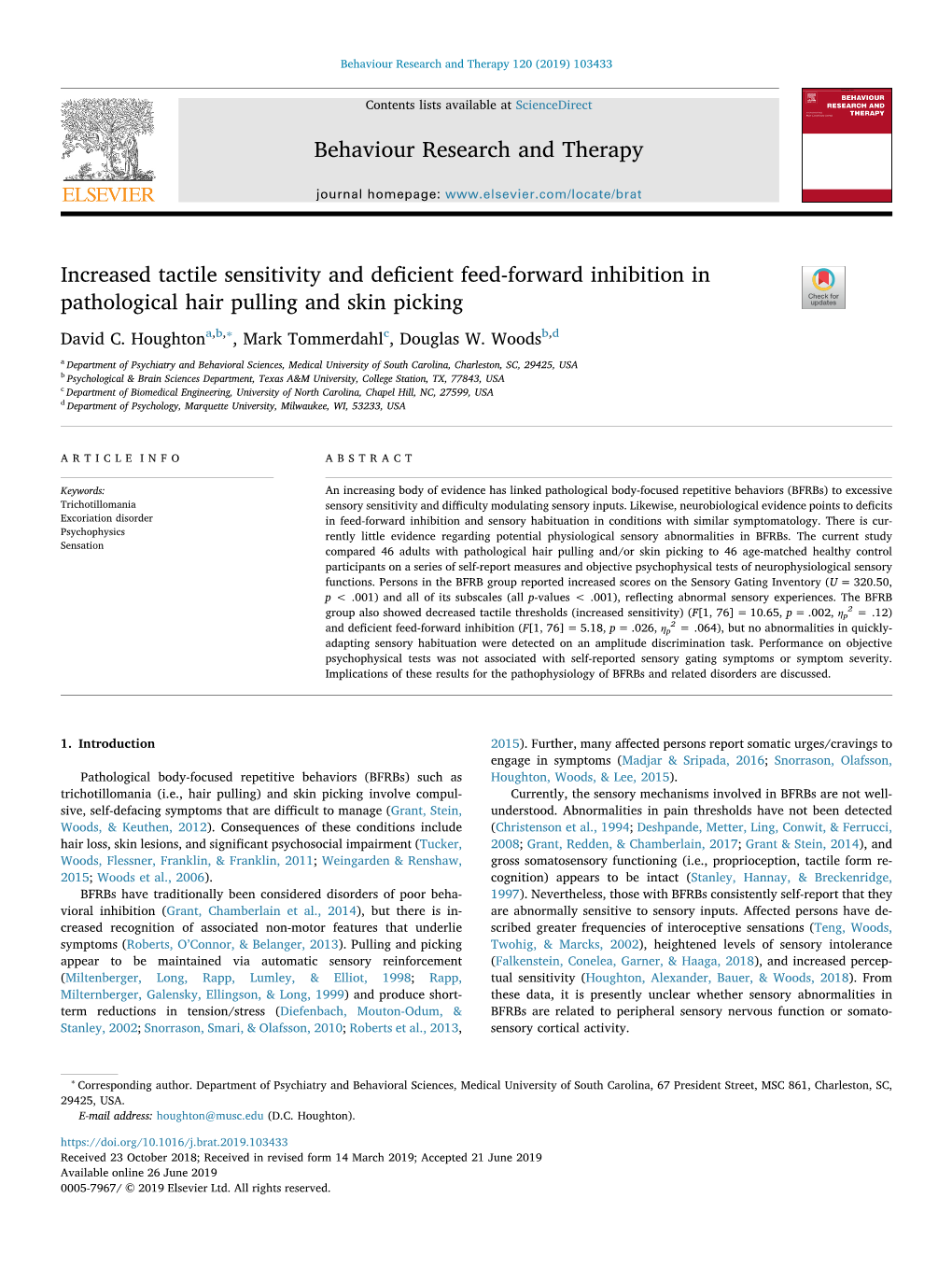 Increased Tactile Sensitivity and Deficient Feed-Forward Inhibition in Pathological Hair Pulling and Skin Picking