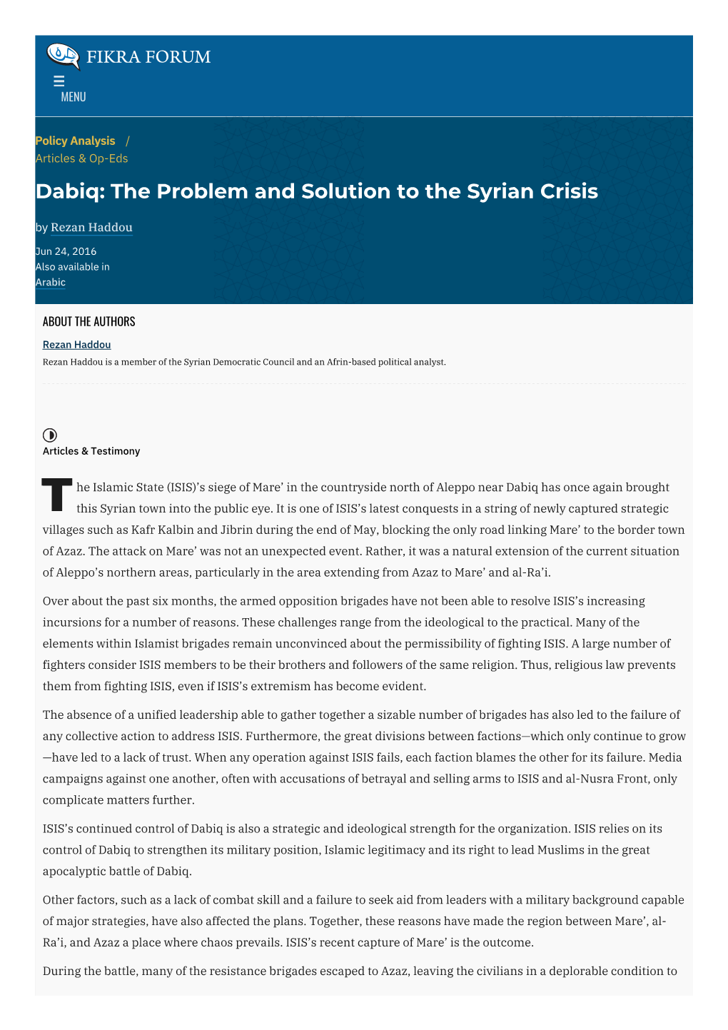 Dabiq: the Problem and Solution to the Syrian Crisis by Rezan Haddou