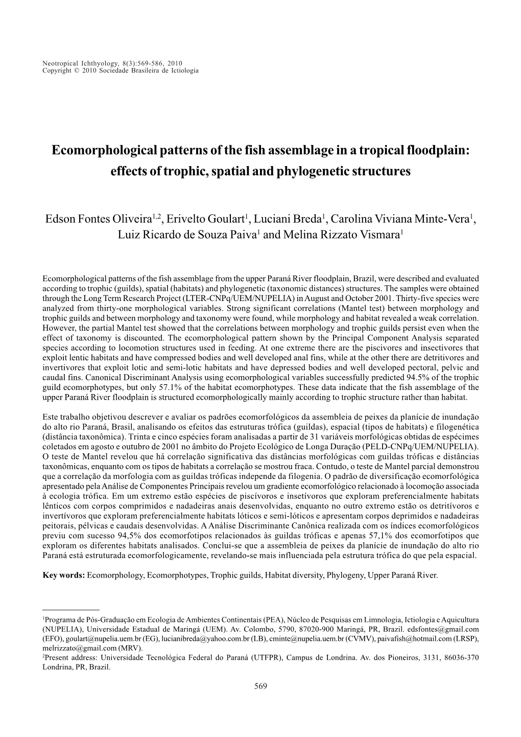 Ecomorphological Patterns of the Fish Assemblage in a Tropical Floodplain: Effects of Trophic, Spatial and Phylogenetic Structures