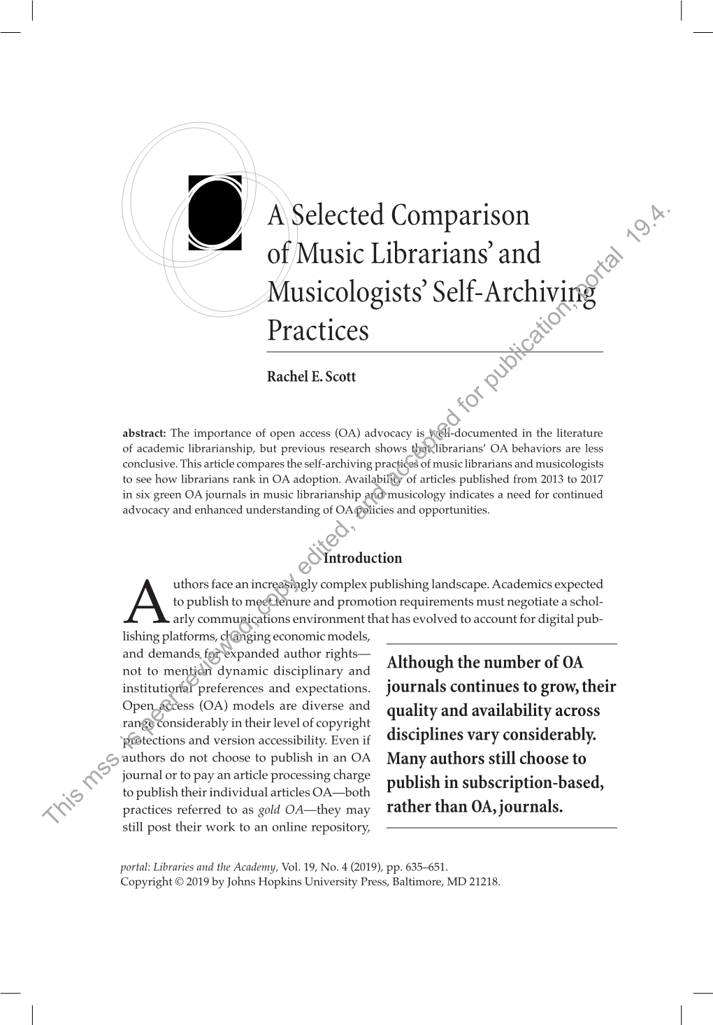 A Selected Comparison of Music Librarians' and Musicologists' Self