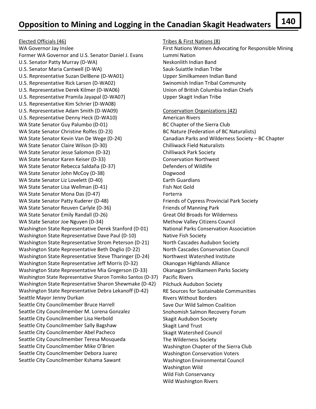 Opposition to Mining and Logging in the Canadian Skagit Headwaters 140