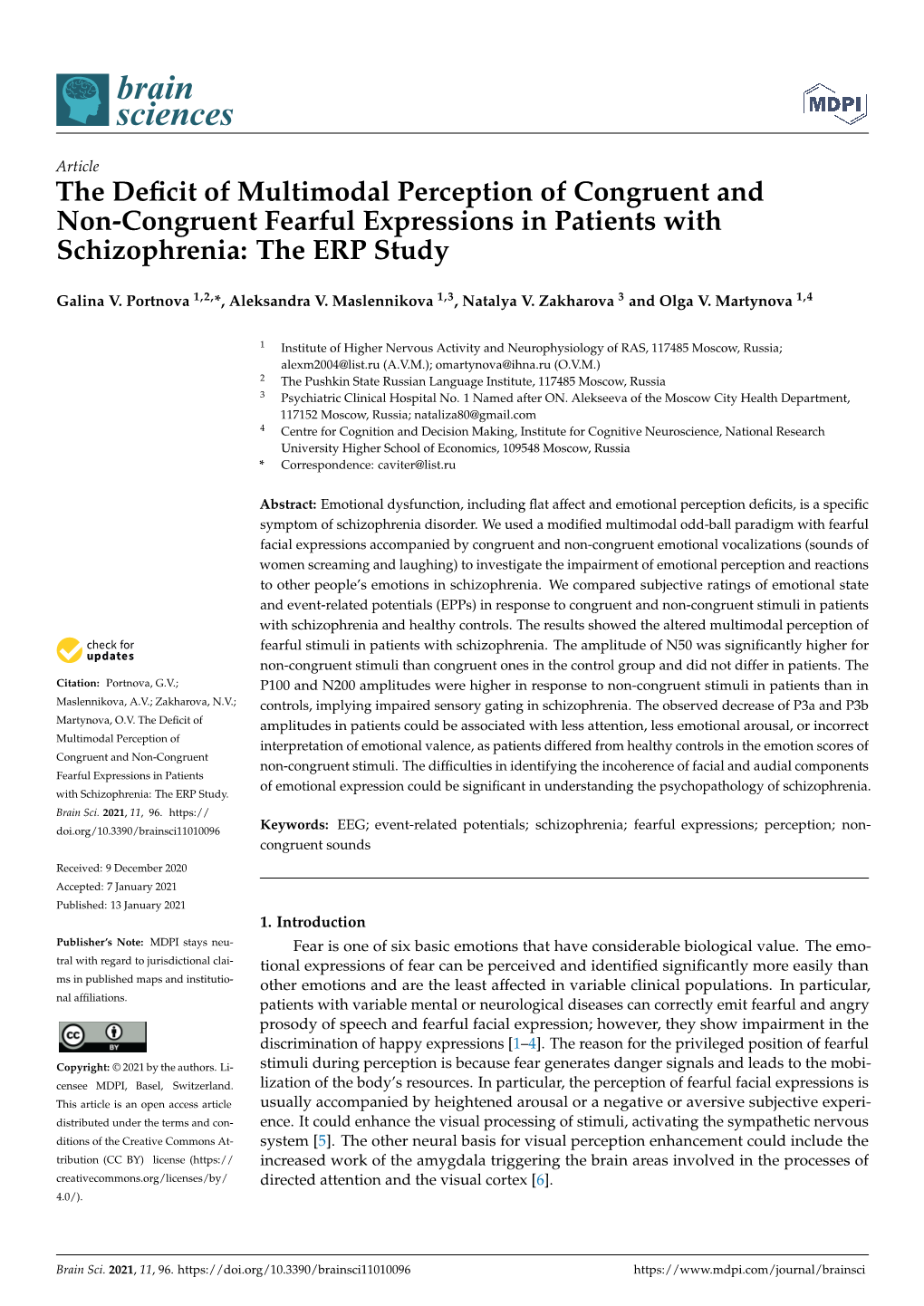 The Deﬁcit of Multimodal Perception of Congruent and Non-Congruent Fearful Expressions in Patients with Schizophrenia: the ERP Study