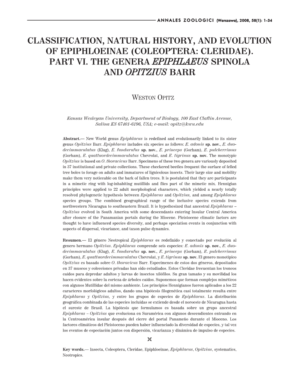 Classification, Natural History, and Evolution of Epiphloeinae (Coleoptera: Cleridae)