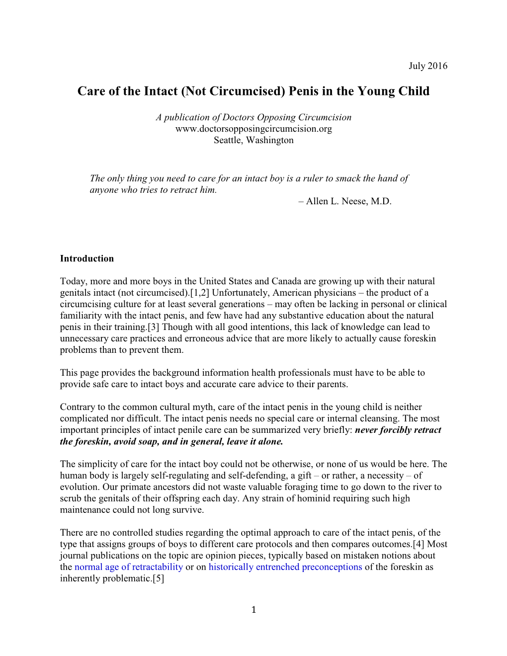 Care of the Intact (Not Circumcised) Penis in the Young Child