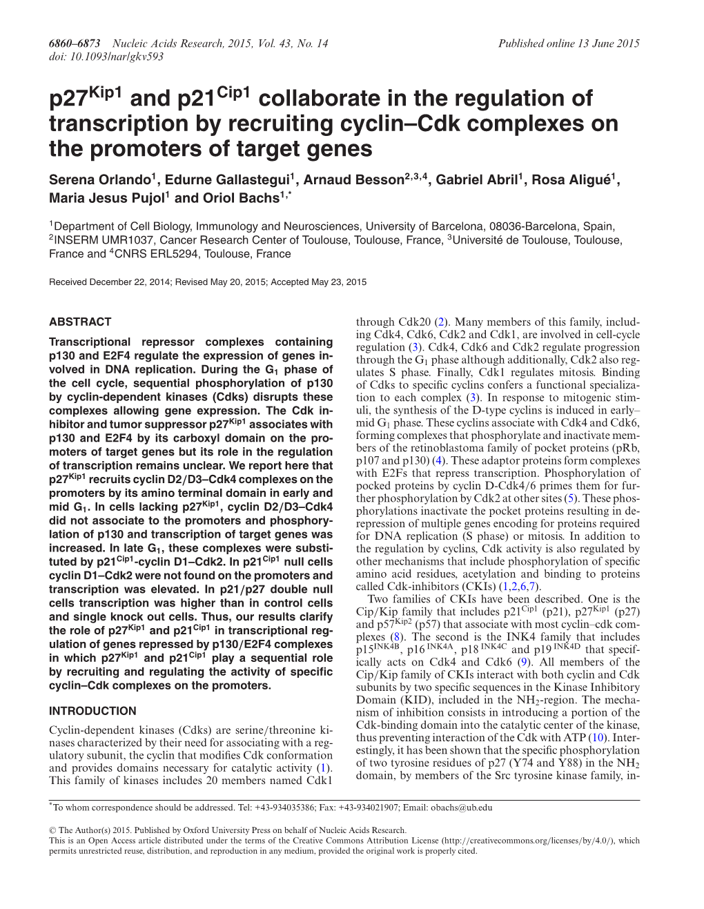 P27 and P21 Collaborate in the Regulation of Transcription By