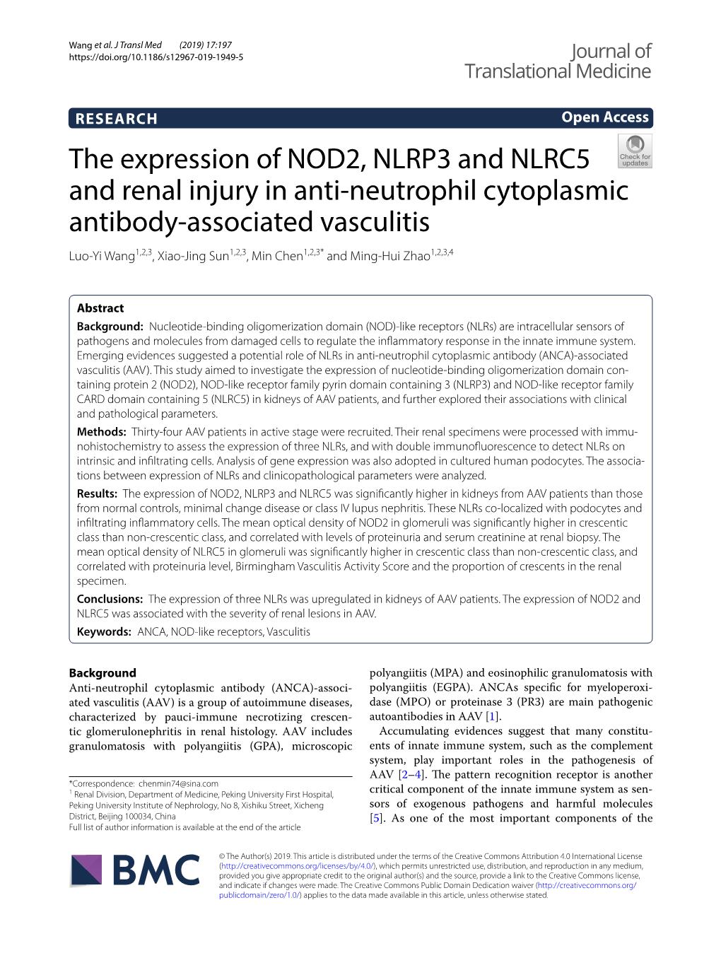 The Expression of NOD2, NLRP3 and NLRC5 and Renal Injury in Anti-Neutrophil Cytoplasmic Antibody-Associated Vasculitis