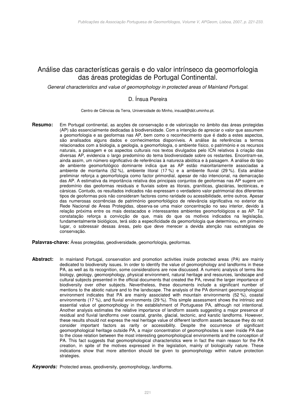 Análise Das Características Gerais E Do Valor Intrínseco Da Geomorfologia Das Áreas Protegidas De Portugal Continental