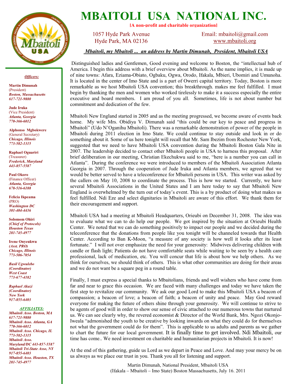 MBAITOLI USA NATIONAL INC. [A Non-Profit and Charitable Organization] 1057 Hyde Park Avenue Email: Mbaitoli@Gmail.Com Hyde Park, MA 02136