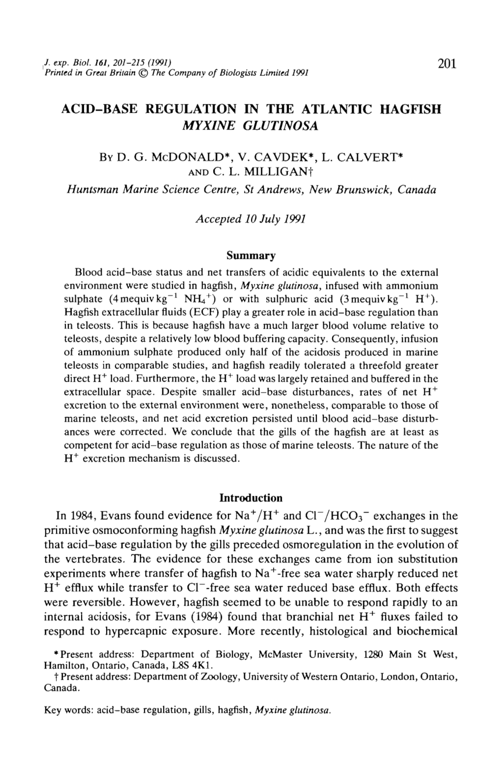 Acid-Base Regulation in the Atlantic Hagfish Myxine Glutinosa