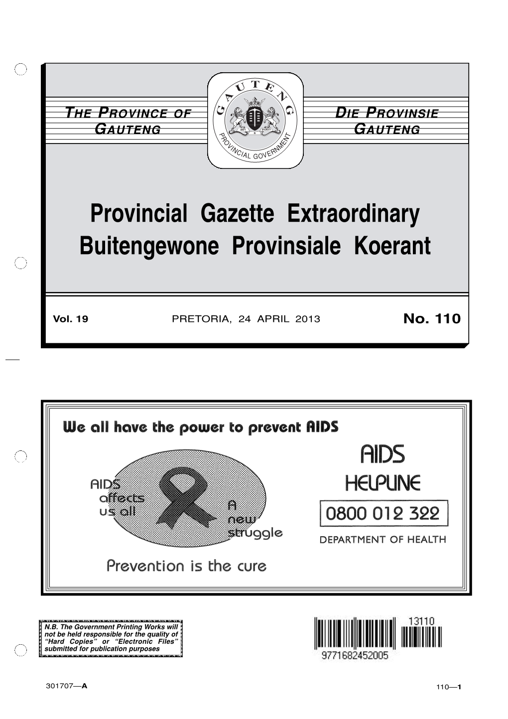 Gauteng Provincial Gazette Vol 19 No 110 Dated 24 April 2013