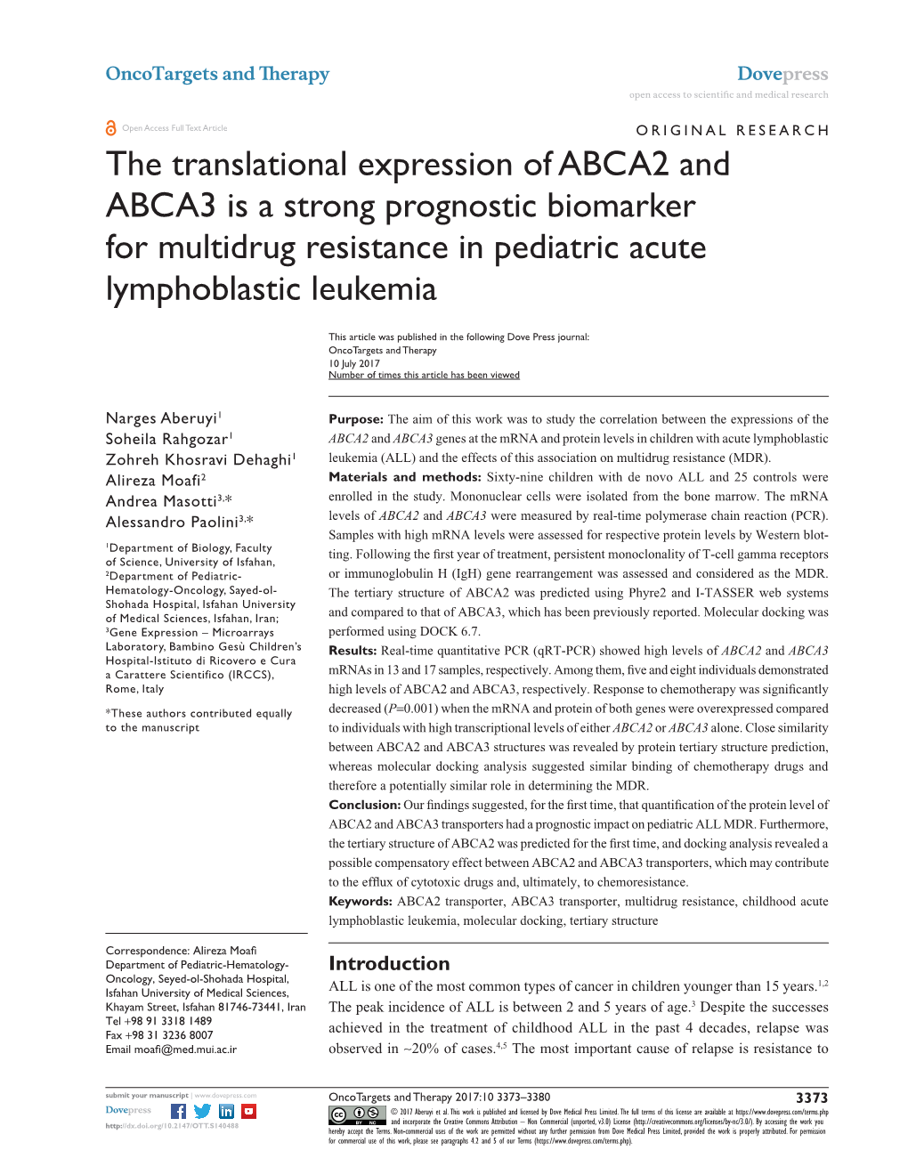 The Translational Expression of ABCA2 and ABCA3 Is a Strong Prognostic Biomarker for Multidrug Resistance in Pediatric Acute Lymphoblastic Leukemia