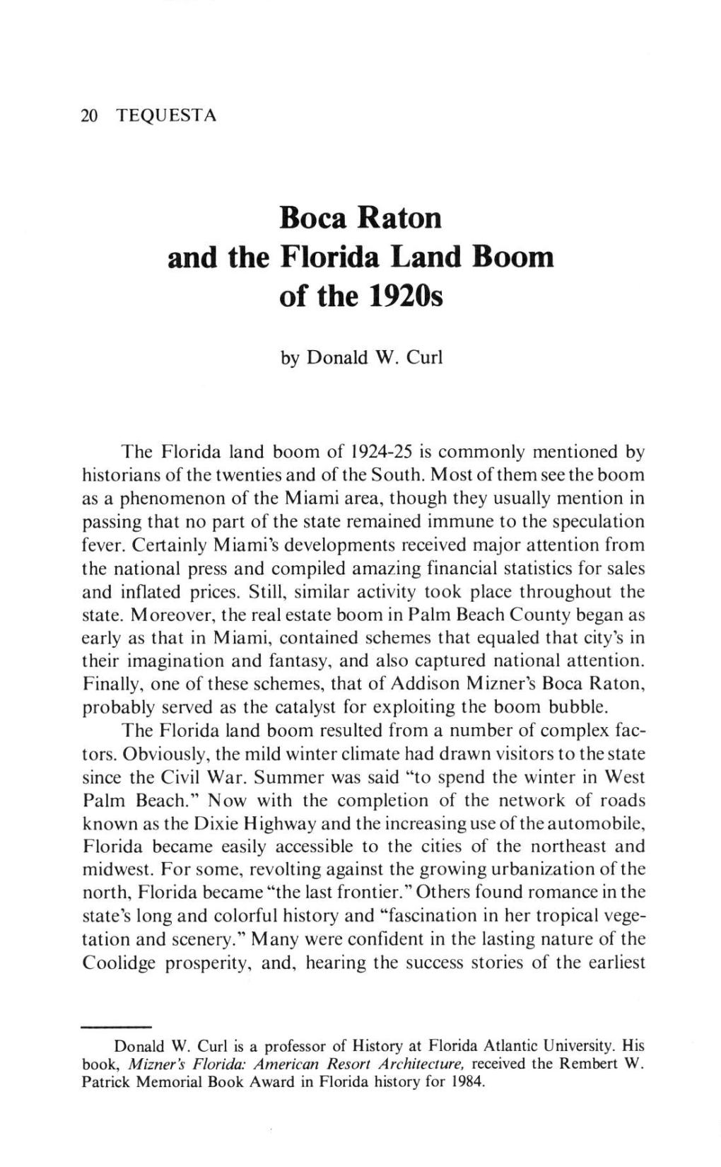 Boca Raton and the Florida Land Boom of the 1920S