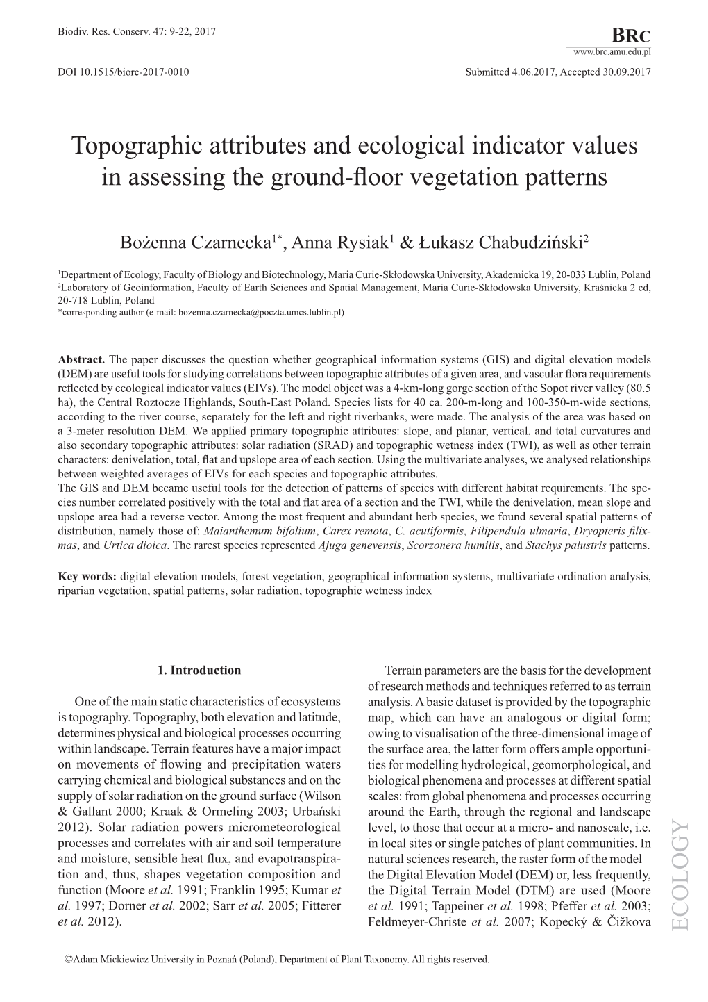 Topographic Attributes and Ecological Indicator Values in Assessing the Ground-Foor Vegetation Patterns