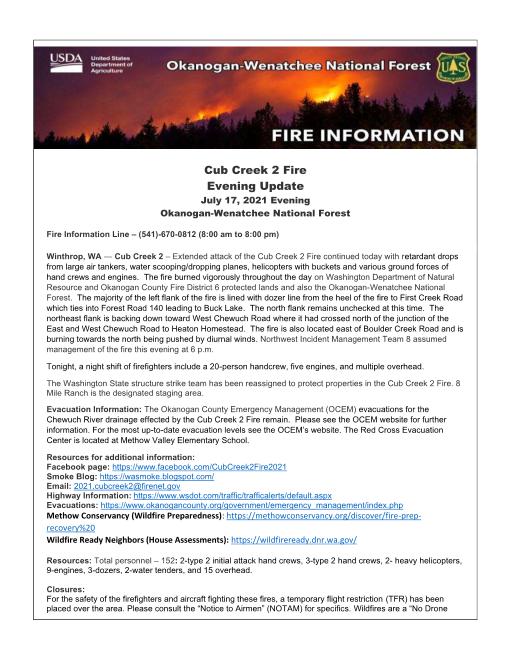 Cub Creek 2 Fire Evening Update July 17, 2021 Evening Okanogan-Wenatchee National Forest