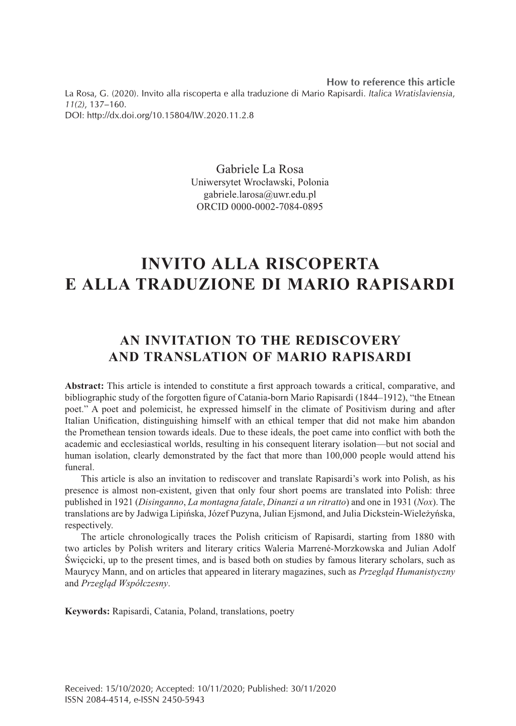 Invito Alla Riscoperta E Alla Traduzione Di Mario Rapisardi