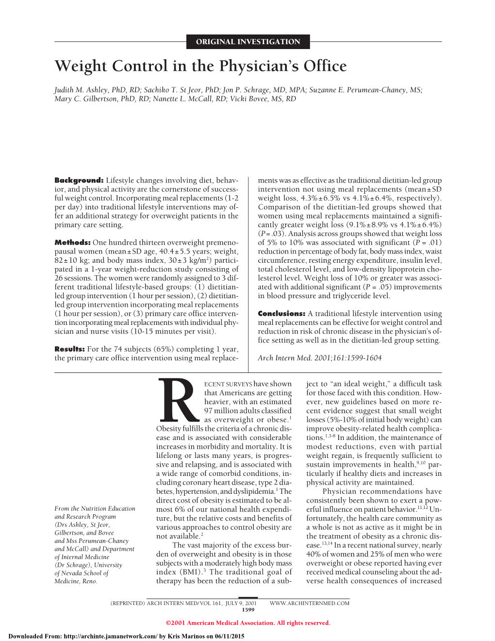 Weight Control in the Physician's Office