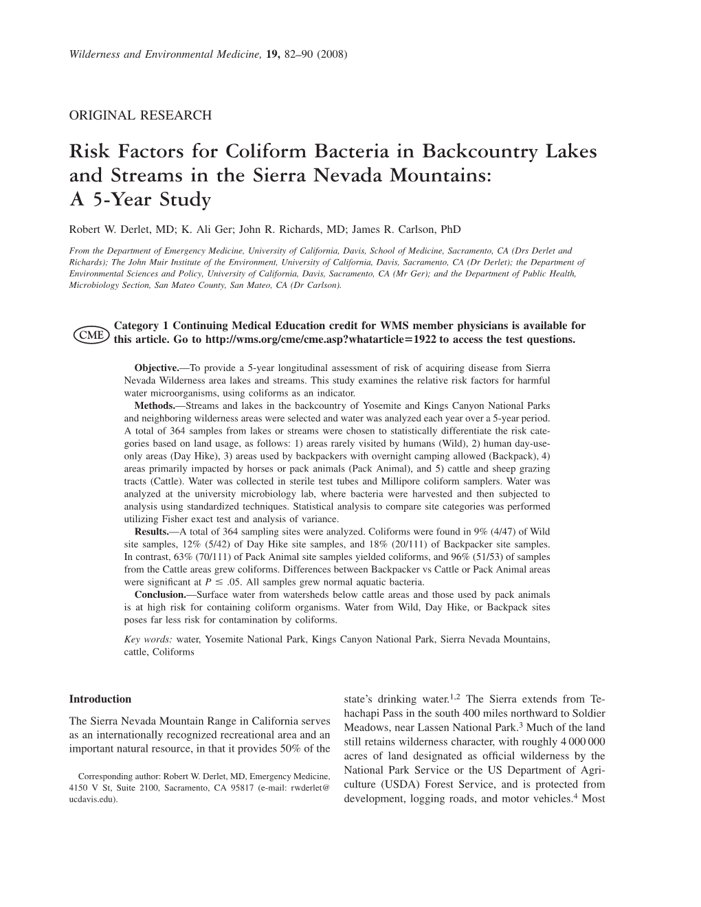 Risk Factors for Coliform Bacteria in Backcountry Lakes & Streams in the Sierra Nevada