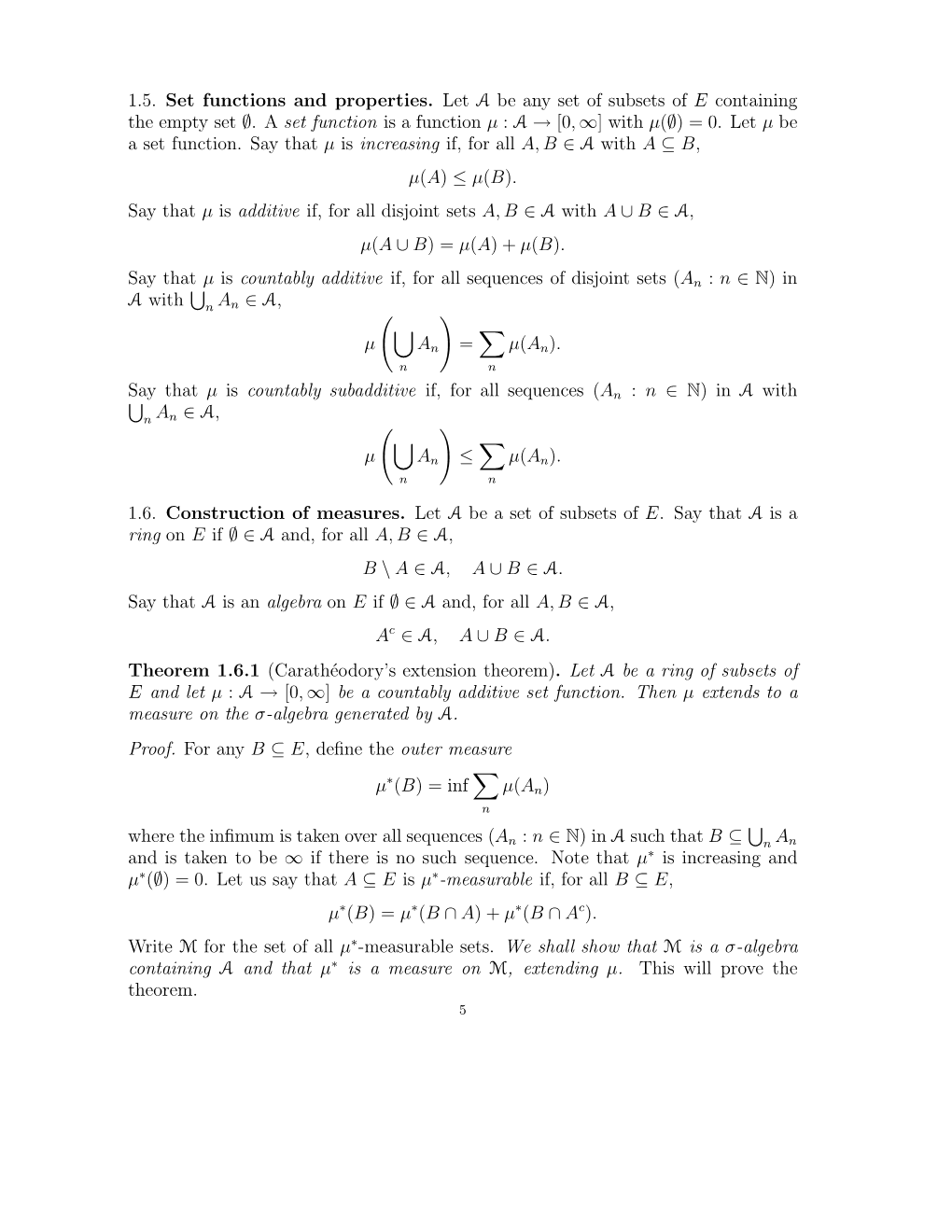 1.5. Set Functions and Properties. Let Л Be Any Set of Subsets of E