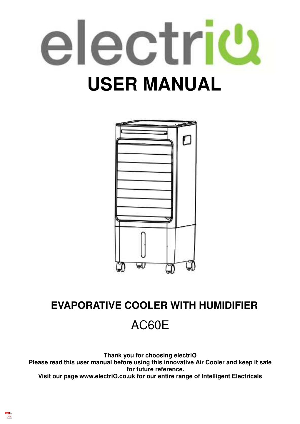 Electriq AC60E EVAPORATIVE COOLER with HUMIDIFIER User