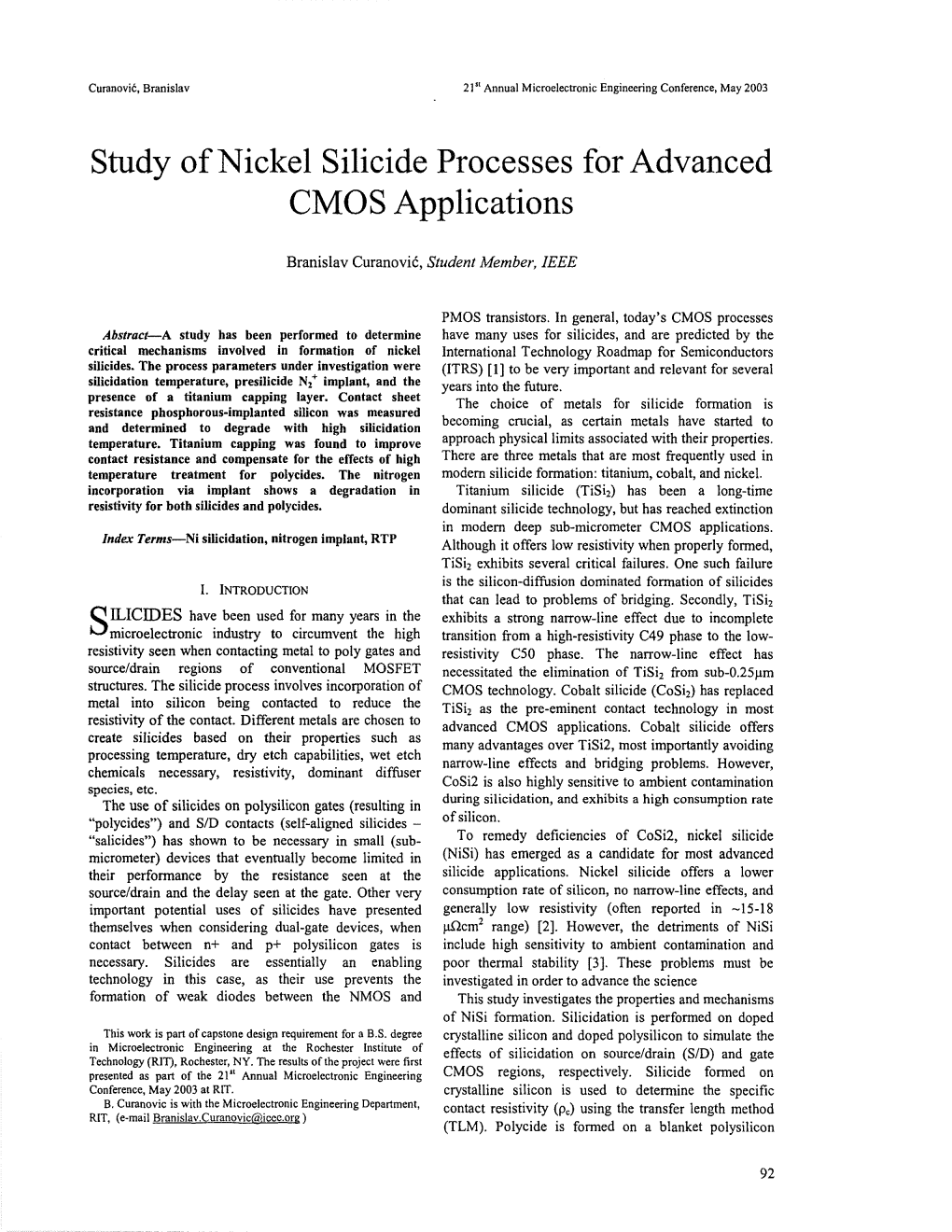 Study of Nickel Silicide Processes for Advanced CMOS Applications